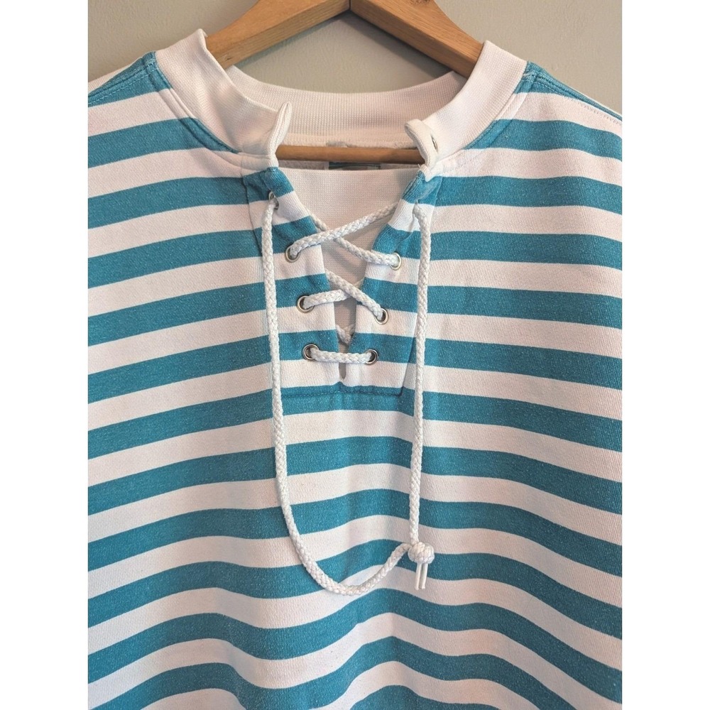Cheetah Mervyns Vintage Striped Lace Up Sweatshirt Teal White Large Nautical - Picture 2 of 12